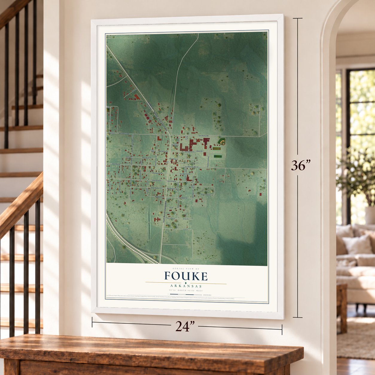 Fouke, Arkansas map, 24 x 36 inch print in a white frame by a staircase