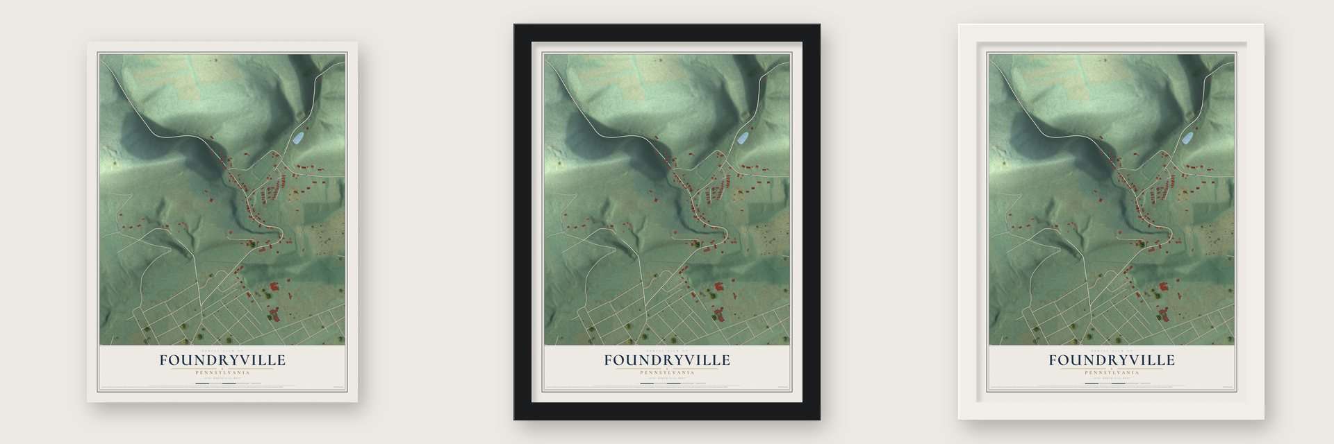 Foundryville, Pennsylvania map unframed, in a black wood frame and in a white wood frame
