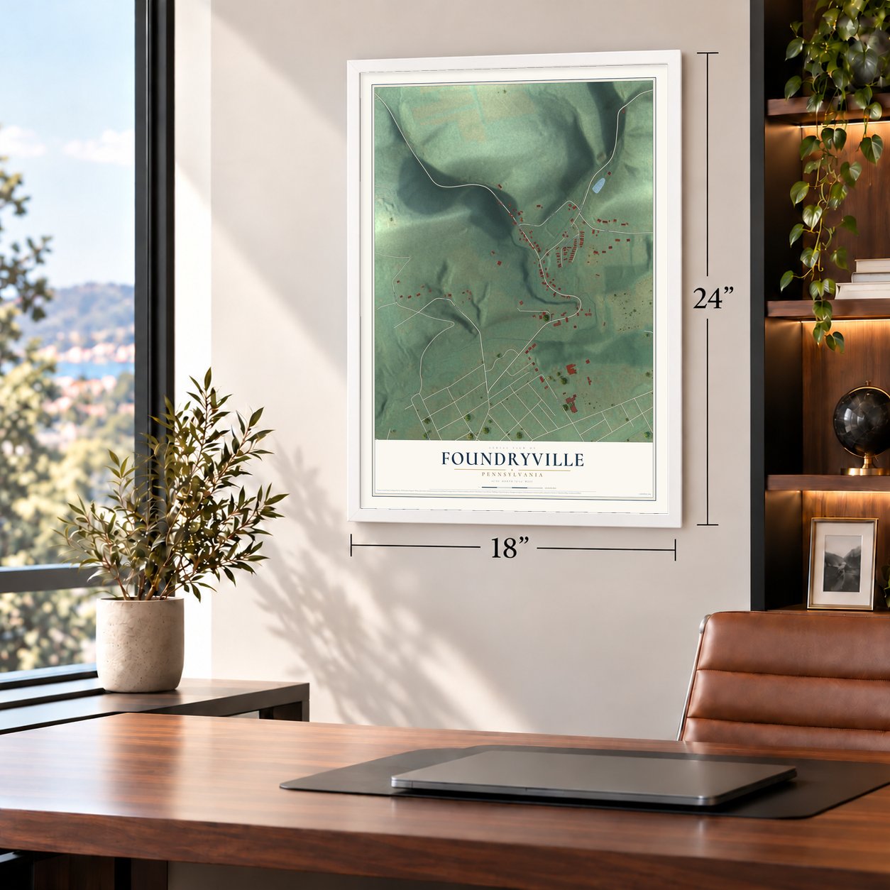 Foundryville, Pennsylvania map, 18 x 24 inch print in a white frame in a home office