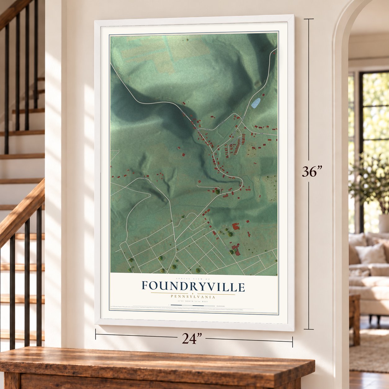 Foundryville, Pennsylvania map, 24 x 36 inch print in a white frame by a staircase