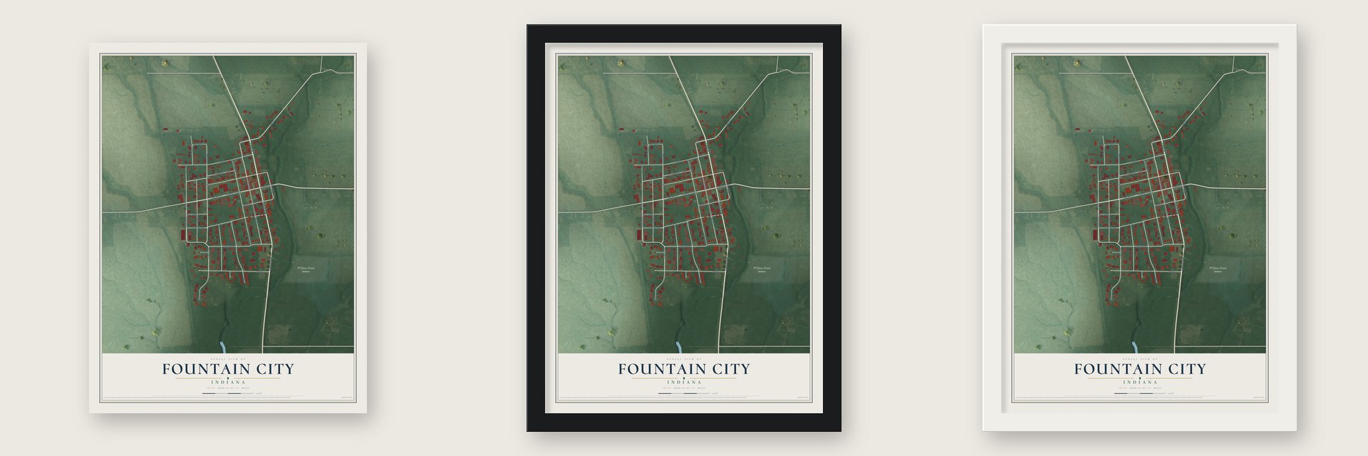 Fountain City, Indiana map unframed, in a black wood frame and in a white wood frame