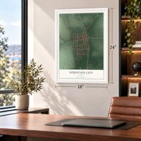 Fountain City, Indiana map, 18 x 24 inch print in a white frame in a home office