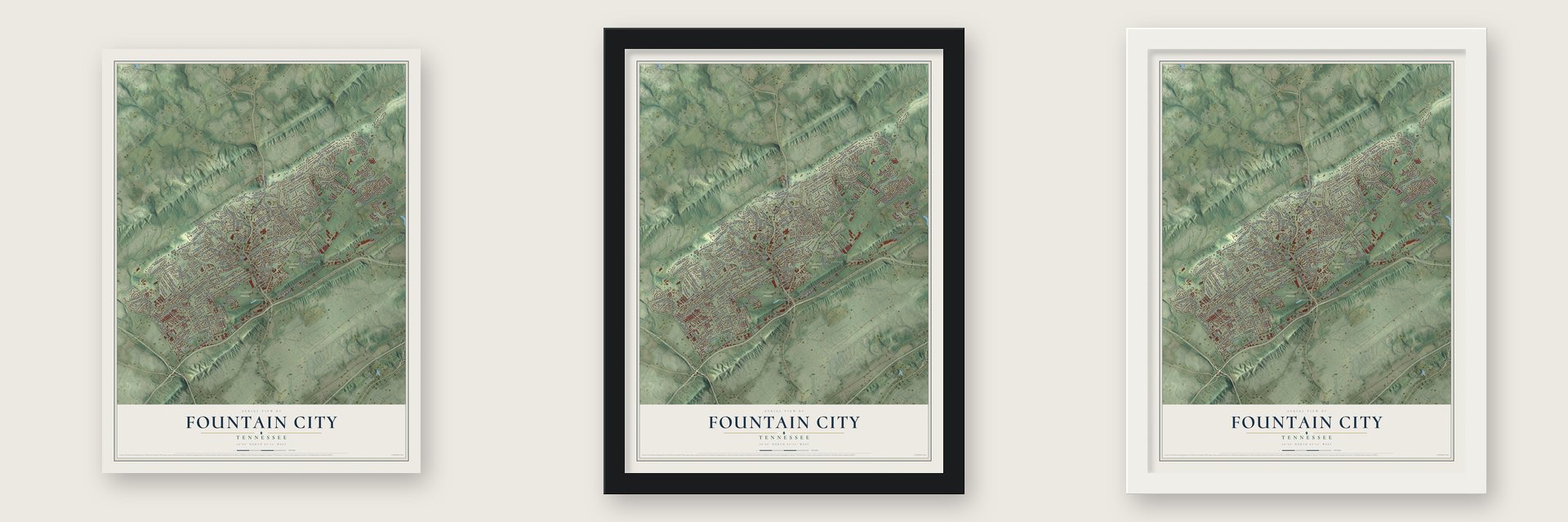Fountain City, Tennessee map unframed, in a black wood frame and in a white wood frame