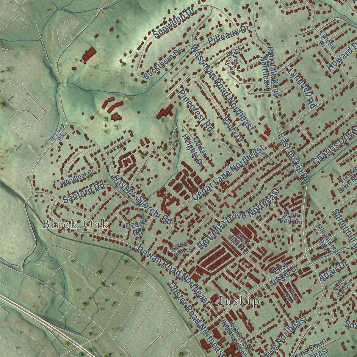 Second close-up of the map of Fountain City, Tennessee print showing more streets and buildings