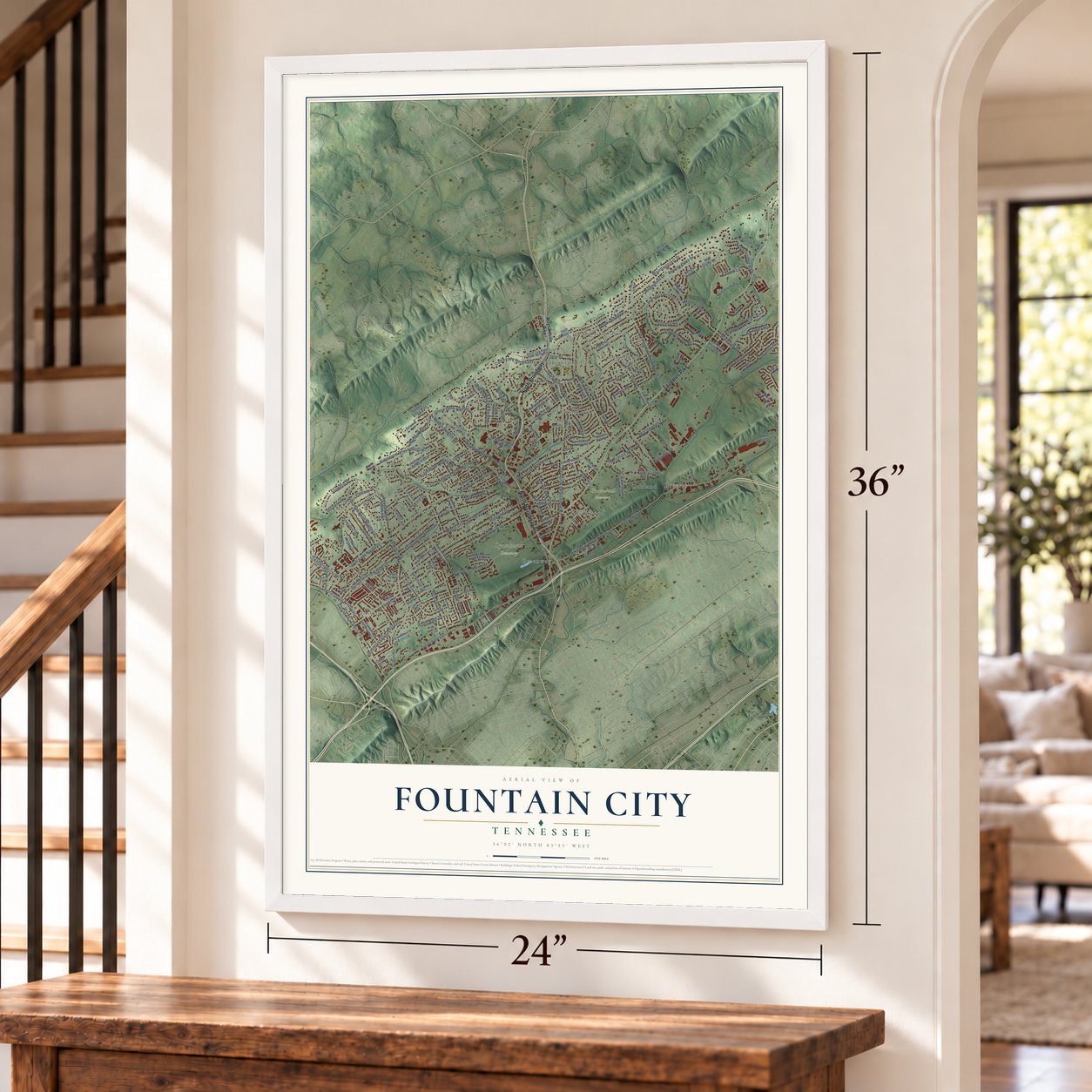Fountain City, Tennessee map, 24 x 36 inch print in a white frame by a staircase