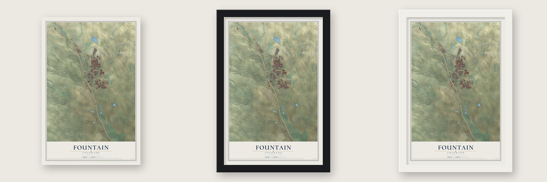 Fountain, Colorado map unframed, in a black wood frame and in a white wood frame