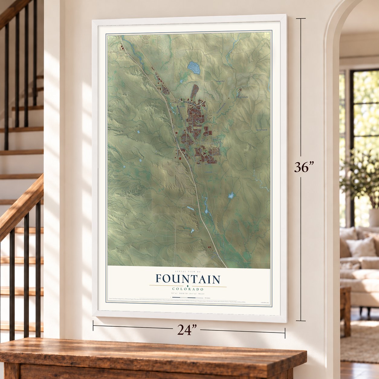 Fountain, Colorado map, 24 x 36 inch print in a white frame by a staircase