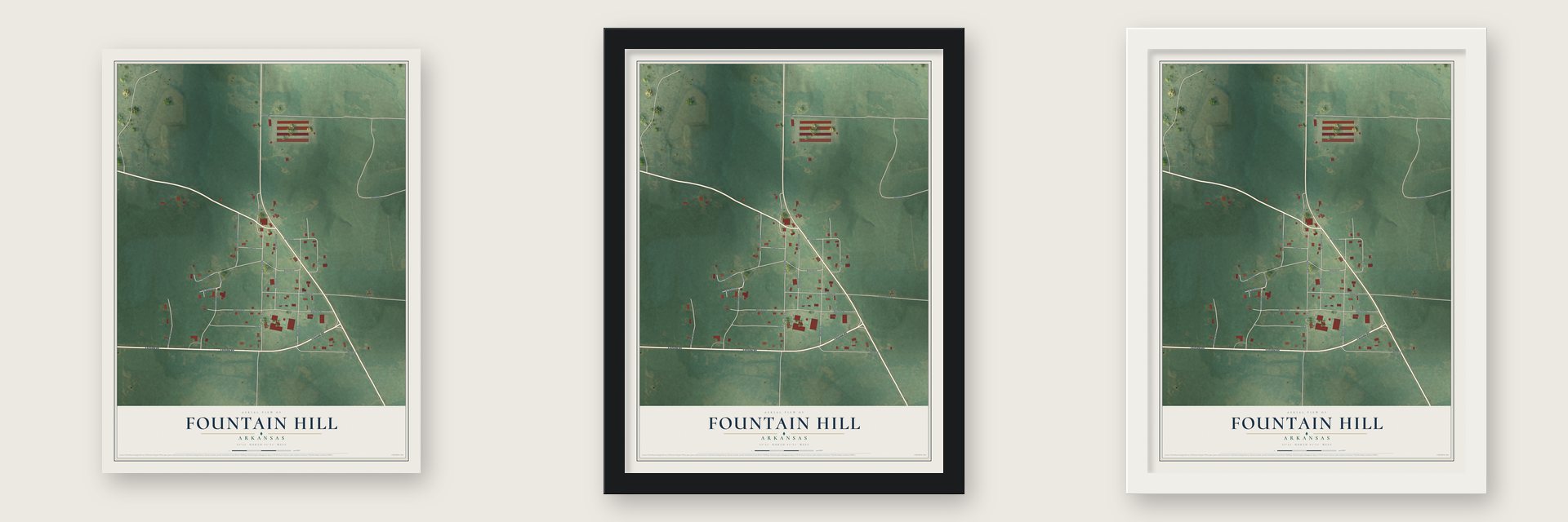 Fountain Hill, Arkansas map unframed, in a black wood frame and in a white wood frame