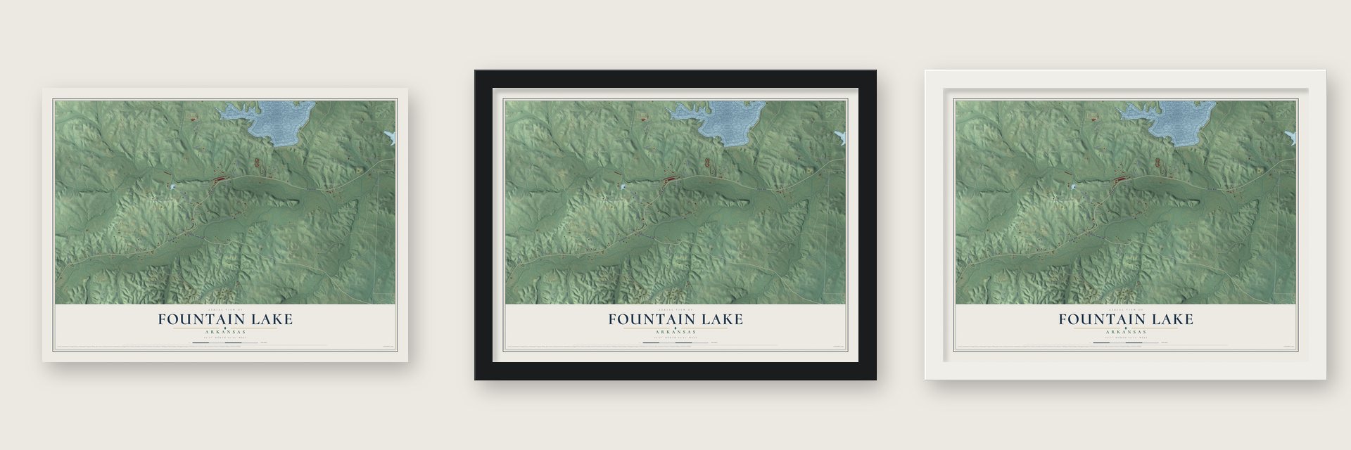 Fountain Lake, Arkansas map unframed, in a black wood frame and in a white wood frame
