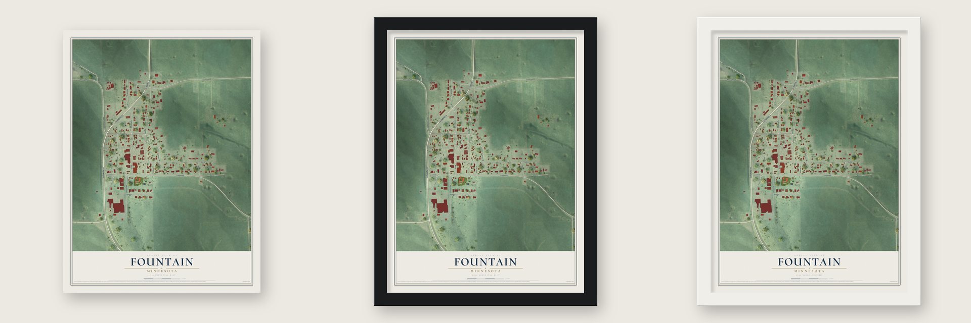 Fountain, Minnesota map unframed, in a black wood frame and in a white wood frame
