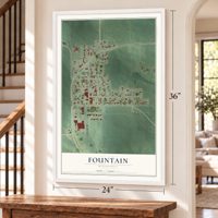 Fountain, Minnesota map, 24 x 36 inch print in a white frame by a staircase