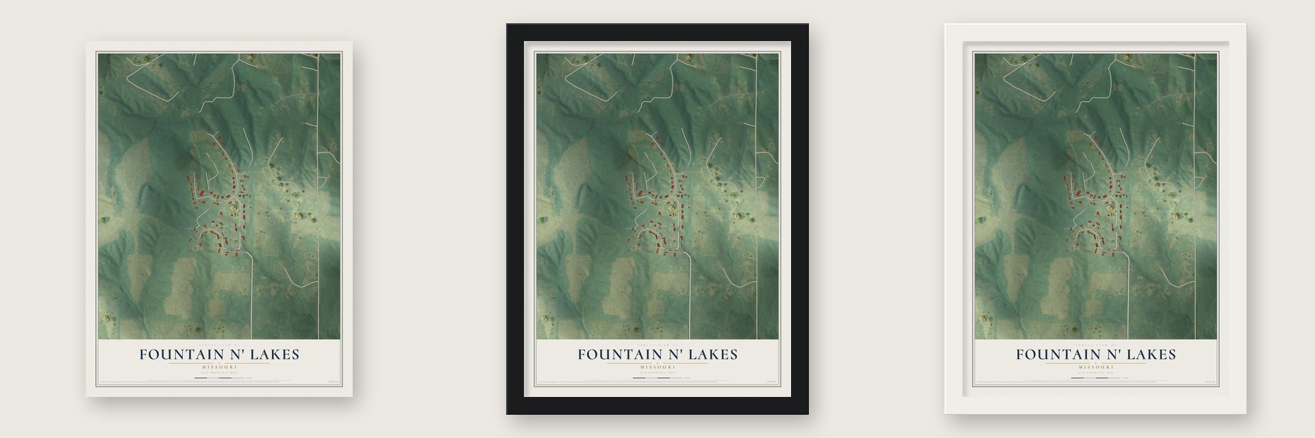 Fountain N' Lakes, Missouri map unframed, in a black wood frame and in a white wood frame