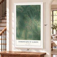Fountain N' Lakes, Missouri map, 24 x 36 inch print in a white frame by a staircase