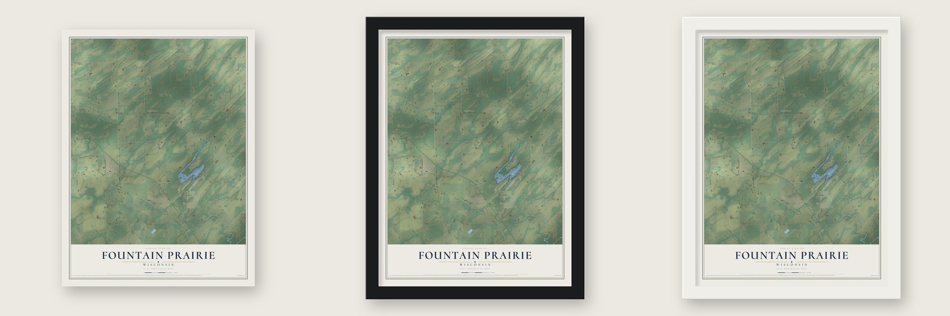 Fountain Prairie, Wisconsin map unframed, in a black wood frame and in a white wood frame