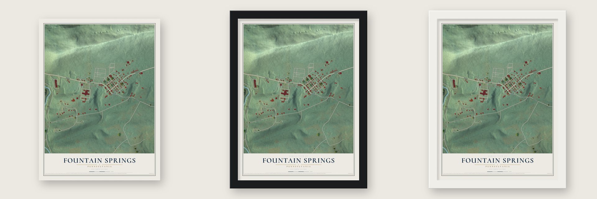 Fountain Springs, Pennsylvania map unframed, in a black wood frame and in a white wood frame