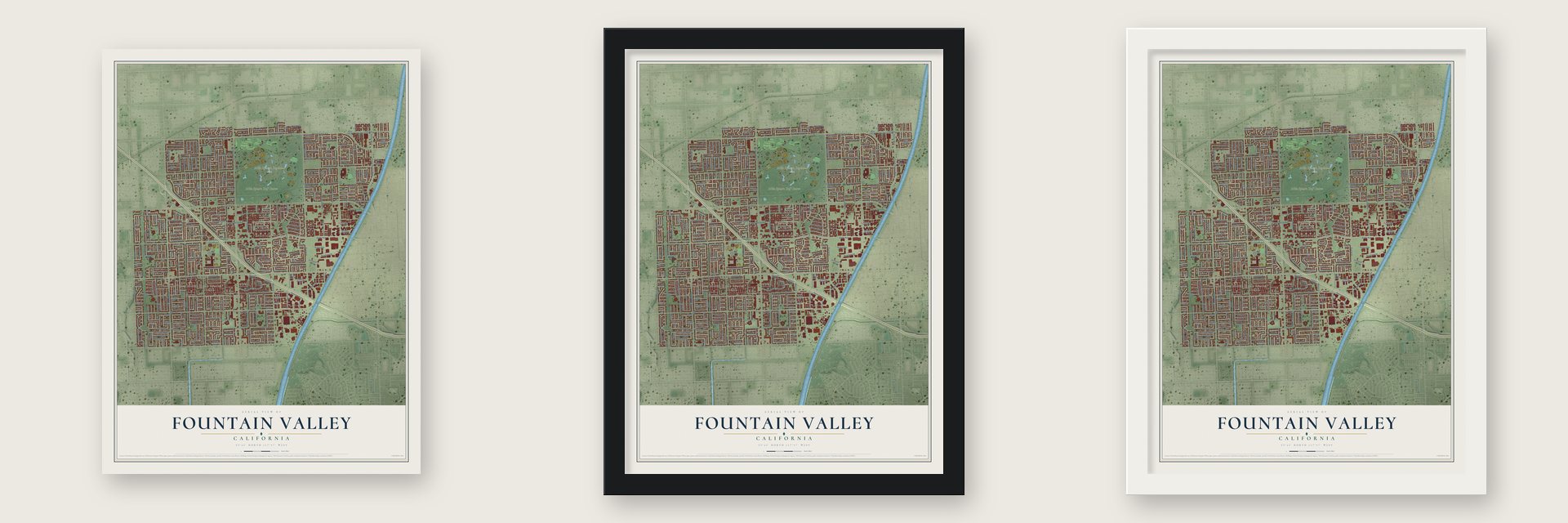 Fountain Valley, California map unframed, in a black wood frame and in a white wood frame