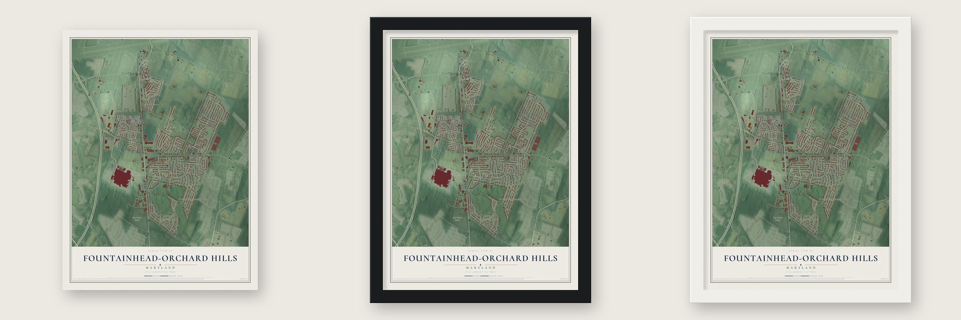 Fountainhead-Orchard Hills, Maryland map unframed, in a black wood frame and in a white wood frame