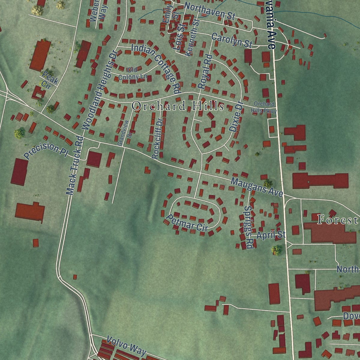 Second close-up of the map of Fountainhead-Orchard Hills, Maryland print showing more streets and buildings