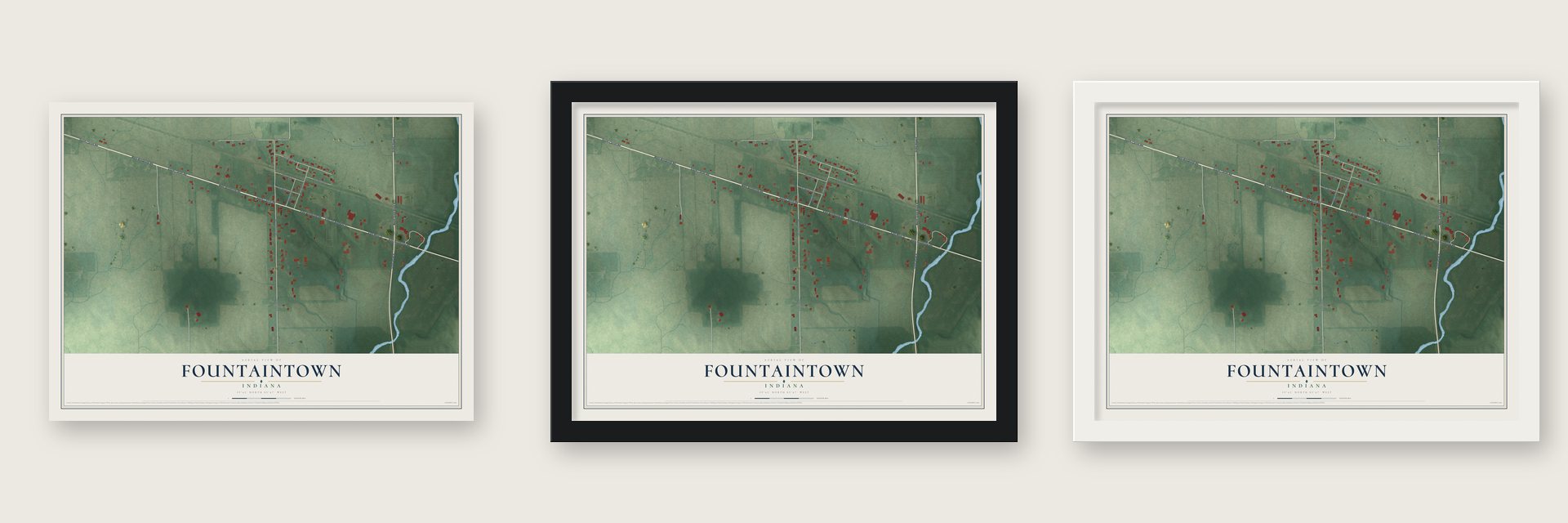 Fountaintown, Indiana map unframed, in a black wood frame and in a white wood frame