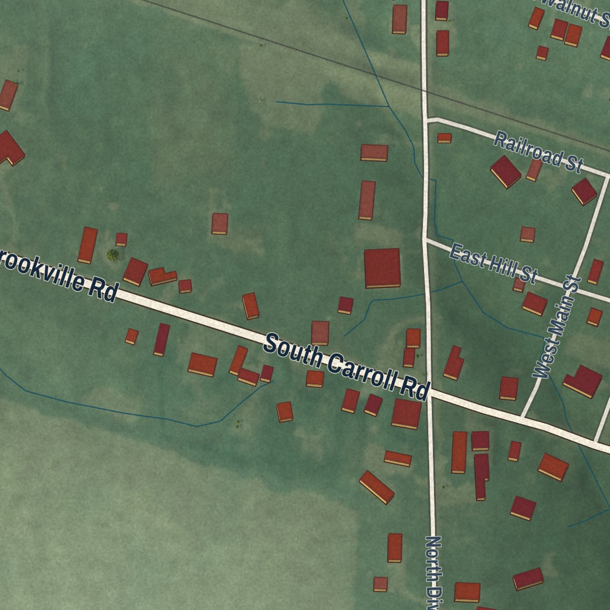 Second close-up of the map of Fountaintown, Indiana print showing more streets and buildings