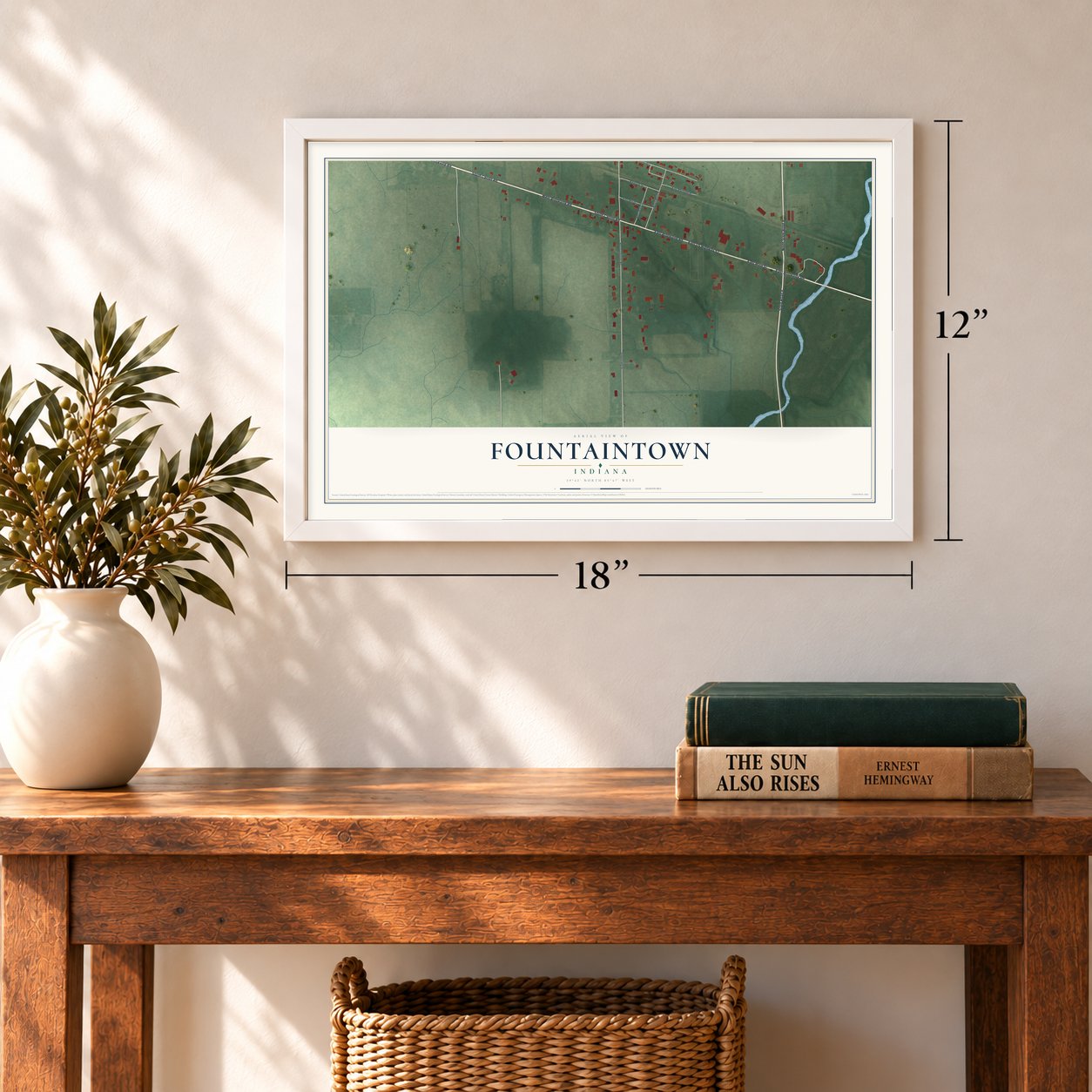 Fountaintown, Indiana map, 12 x 18 inch print in a white frame in an entryway