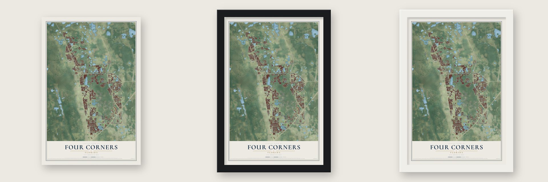 Four Corners, Florida map unframed, in a black wood frame and in a white wood frame