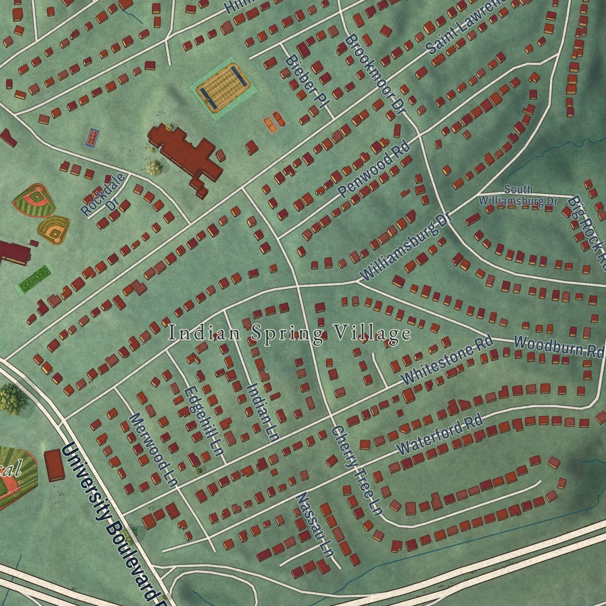 Second close-up of the map of Four Corners, Maryland print showing more streets and buildings