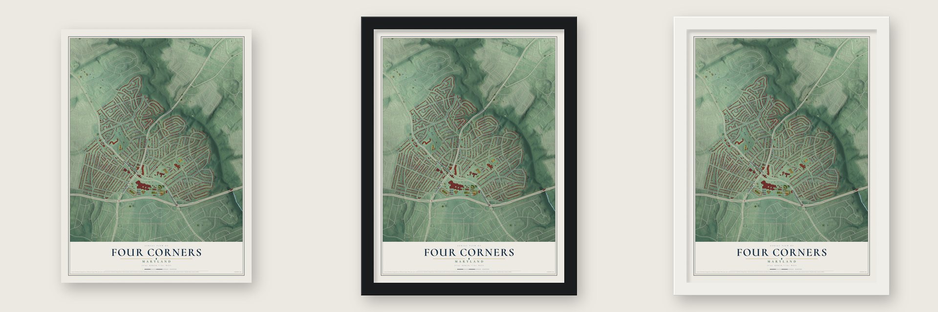 Four Corners, Maryland map unframed, in a black wood frame and in a white wood frame