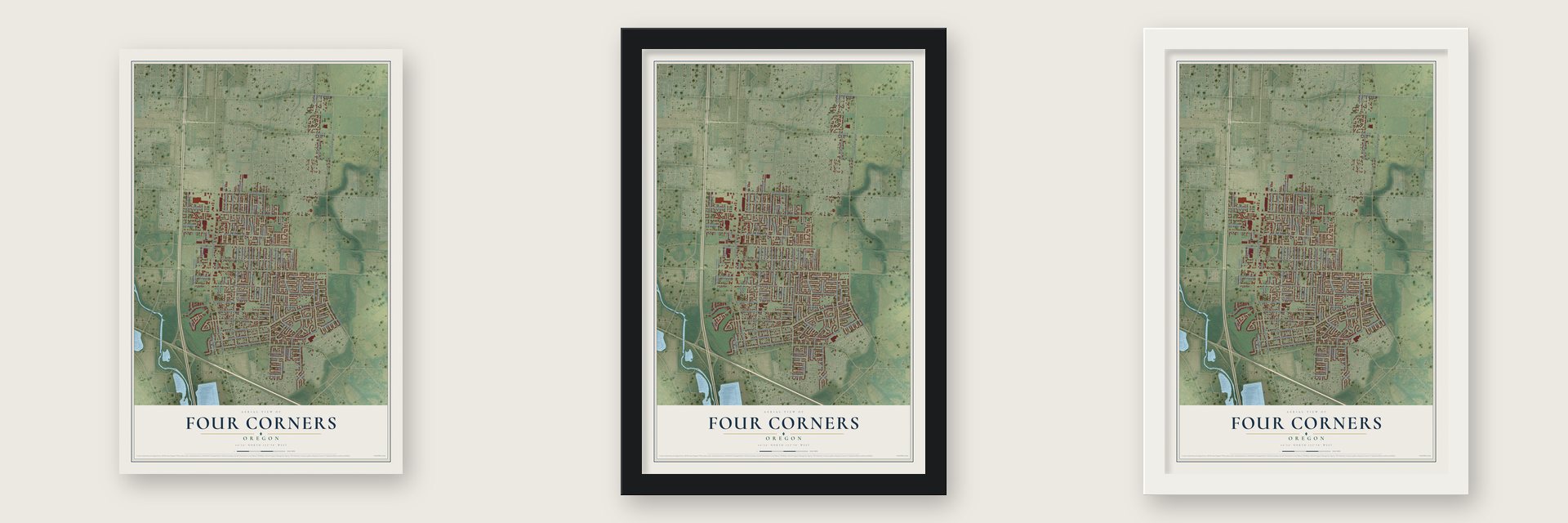 Four Corners, Oregon map unframed, in a black wood frame and in a white wood frame