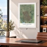 Four Corners, Oregon map, 18 x 24 inch print in a white frame in a home office