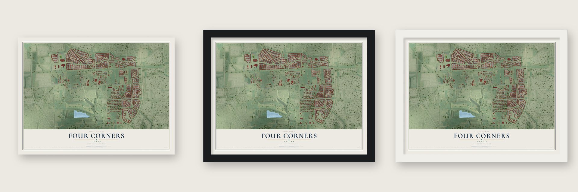 Four Corners, Texas map unframed, in a black wood frame and in a white wood frame