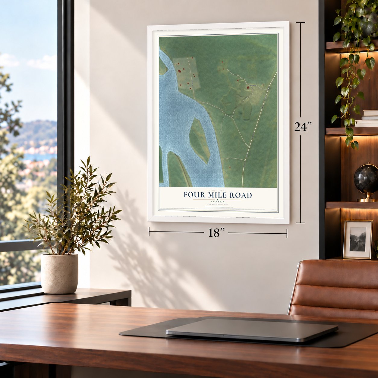 Four Mile Road, Alaska map, 18 x 24 inch print in a white frame in a home office