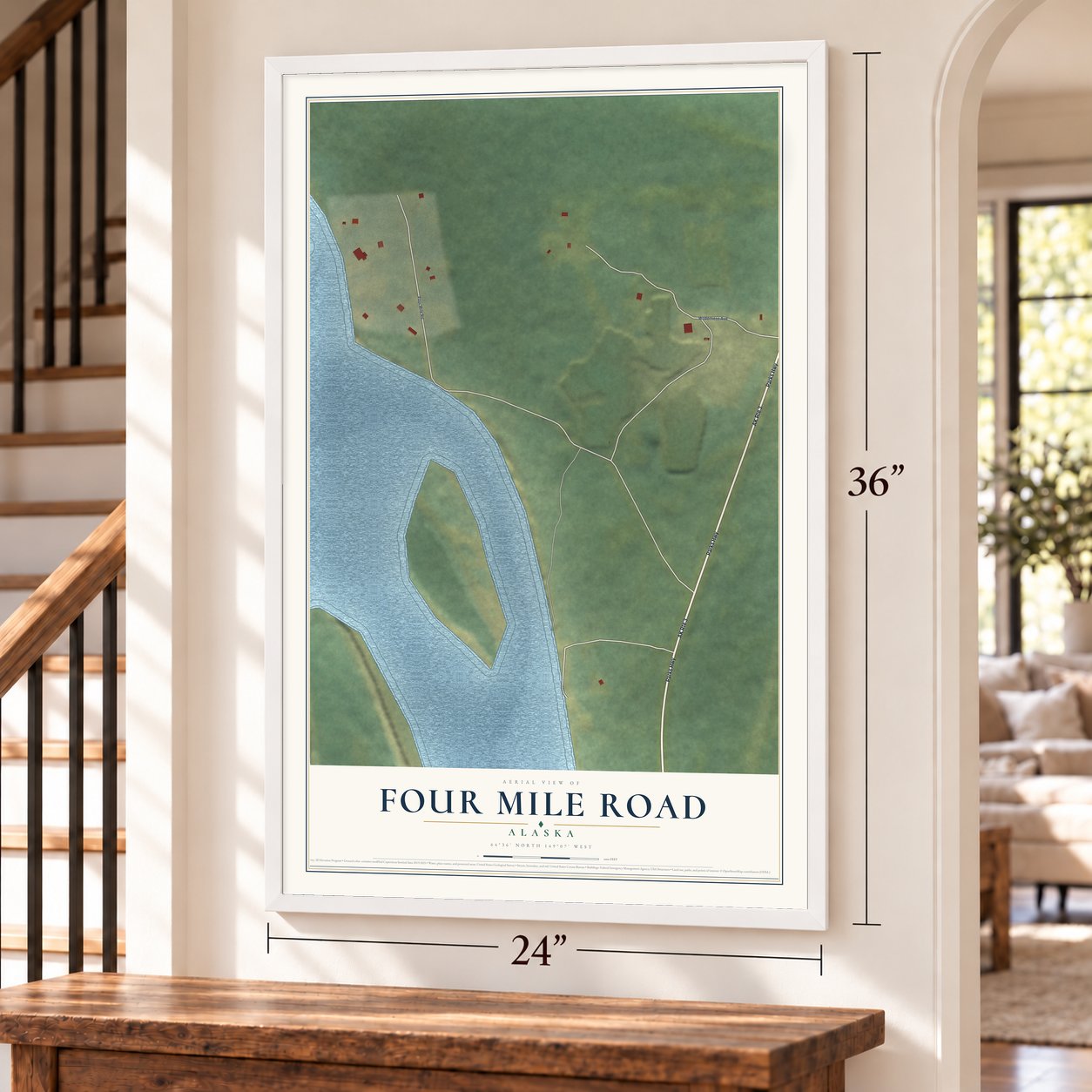 Four Mile Road, Alaska map, 24 x 36 inch print in a white frame by a staircase