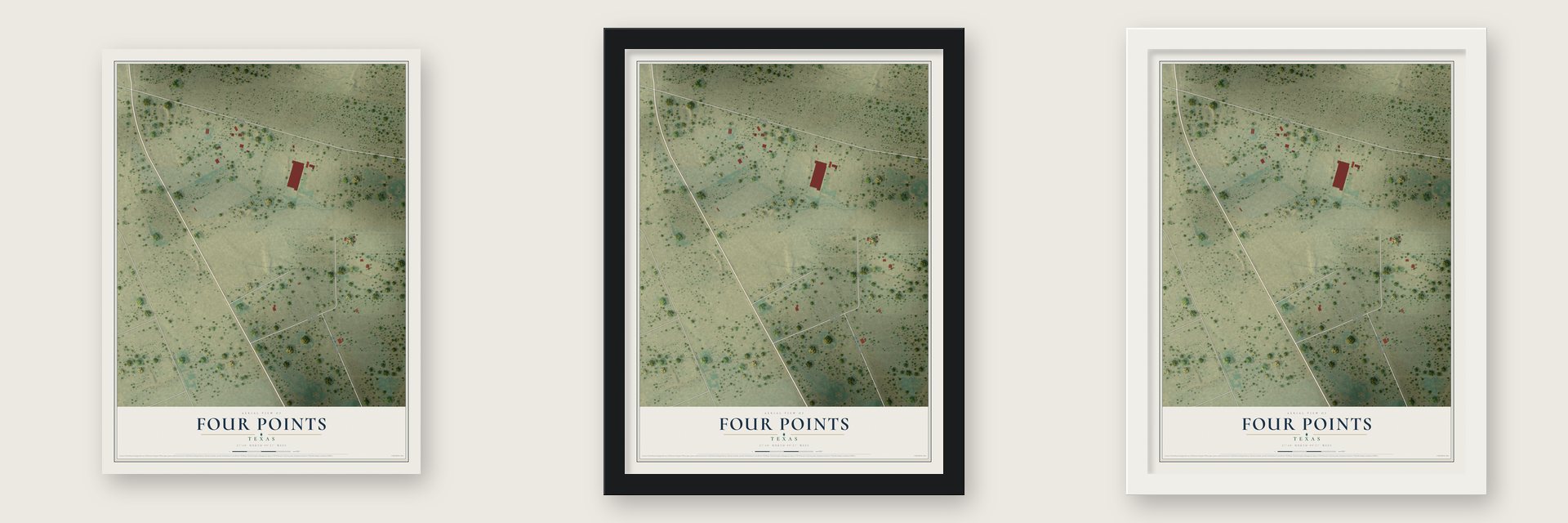 Four Points, Texas map unframed, in a black wood frame and in a white wood frame
