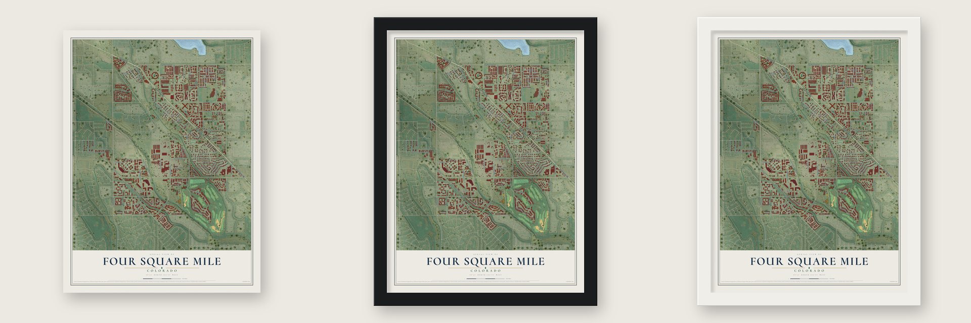 Four Square Mile, Colorado map unframed, in a black wood frame and in a white wood frame