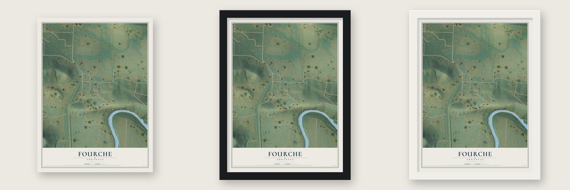 Fourche, Arkansas map unframed, in a black wood frame and in a white wood frame