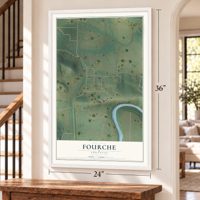 Fourche, Arkansas map, 24 x 36 inch print in a white frame by a staircase