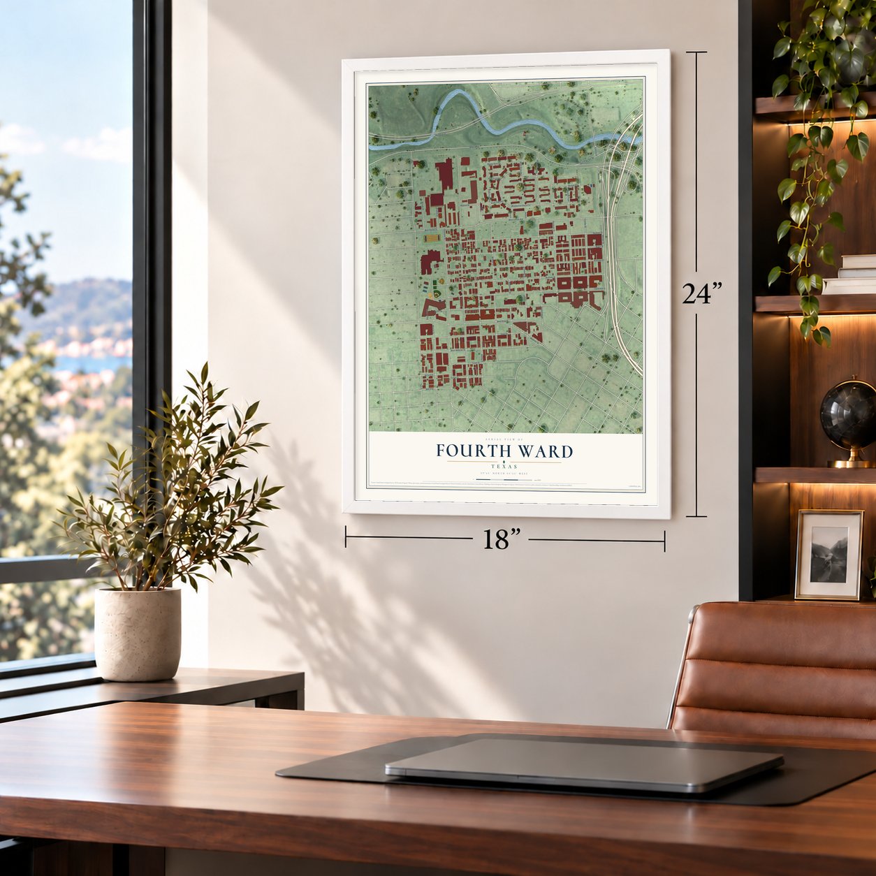 Fourth Ward, Texas map, 18 x 24 inch print in a white frame in a home office
