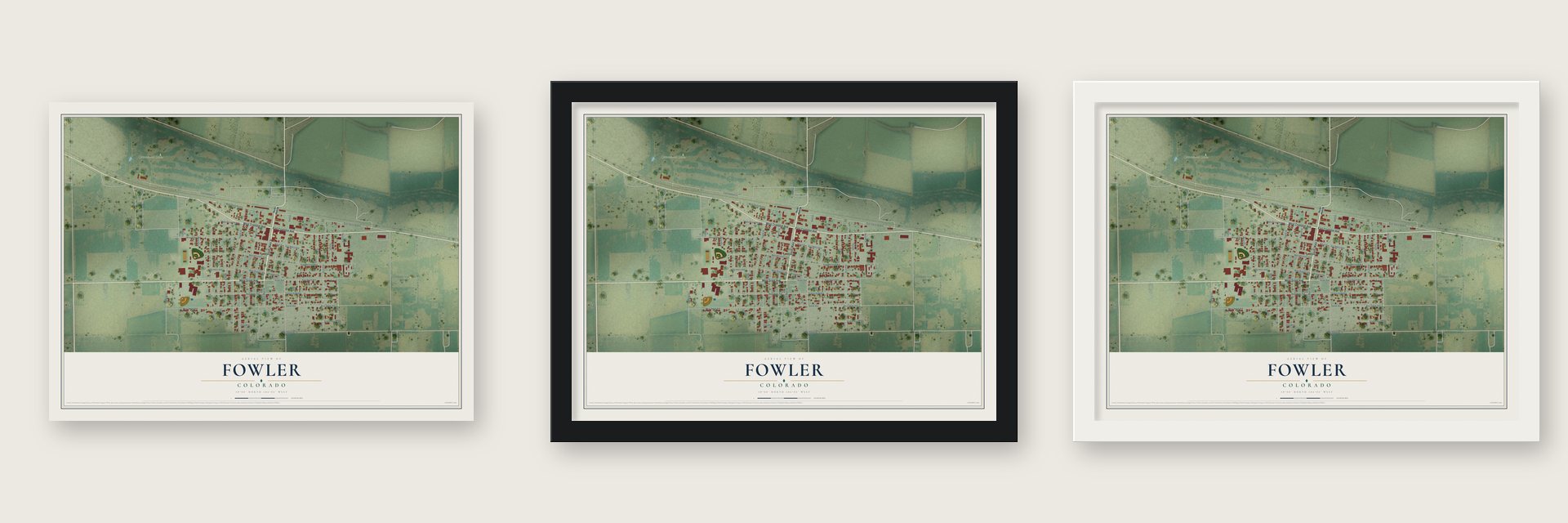 Fowler, Colorado map unframed, in a black wood frame and in a white wood frame