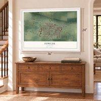 Fowler, Colorado map, 24 x 36 inch print in a white frame above a dresser by a staircase