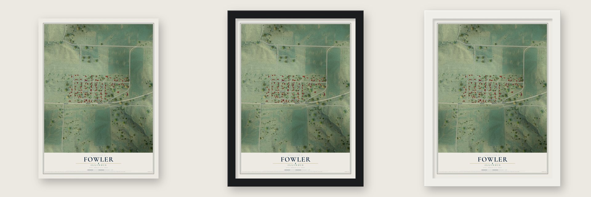 Fowler, Illinois map unframed, in a black wood frame and in a white wood frame