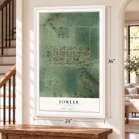 Fowler, Illinois map, 24 x 36 inch print in a white frame by a staircase