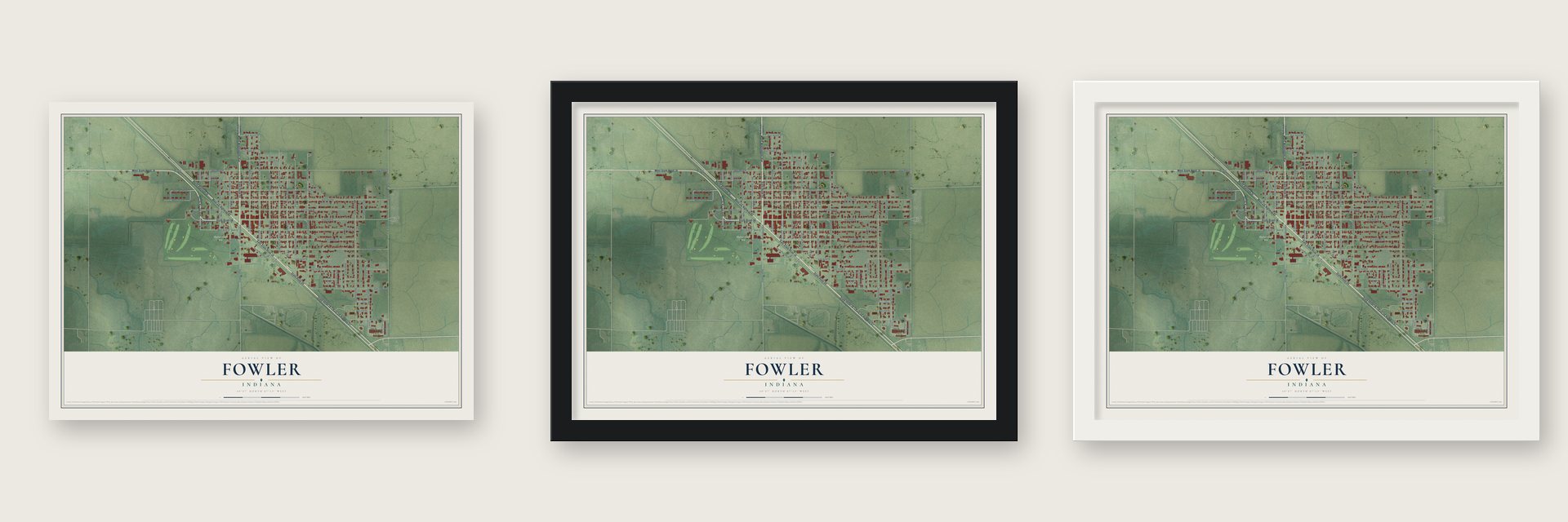 Fowler, Indiana map unframed, in a black wood frame and in a white wood frame