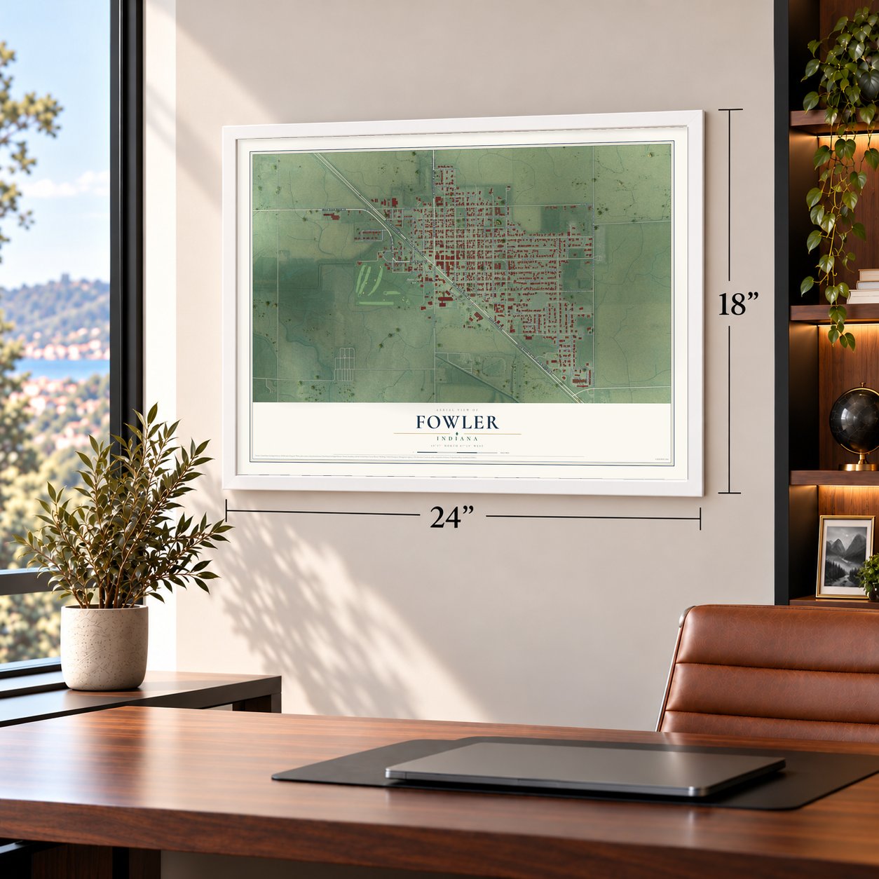 Fowler, Indiana map, 18 x 24 inch print in a white frame in a home office