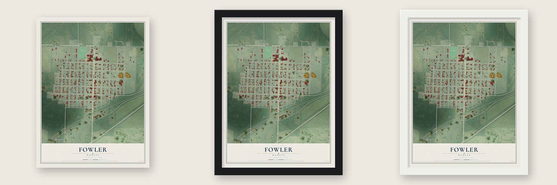 Fowler, Kansas map unframed, in a black wood frame and in a white wood frame