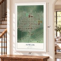 Fowler, Kansas map, 24 x 36 inch print in a white frame by a staircase