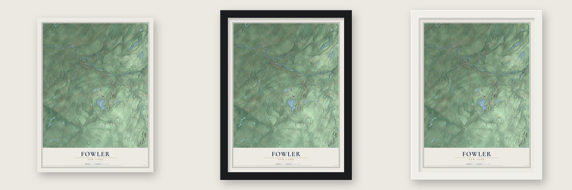 Fowler, New York map unframed, in a black wood frame and in a white wood frame