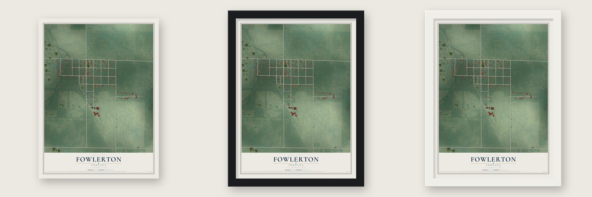 Fowlerton, Indiana map unframed, in a black wood frame and in a white wood frame