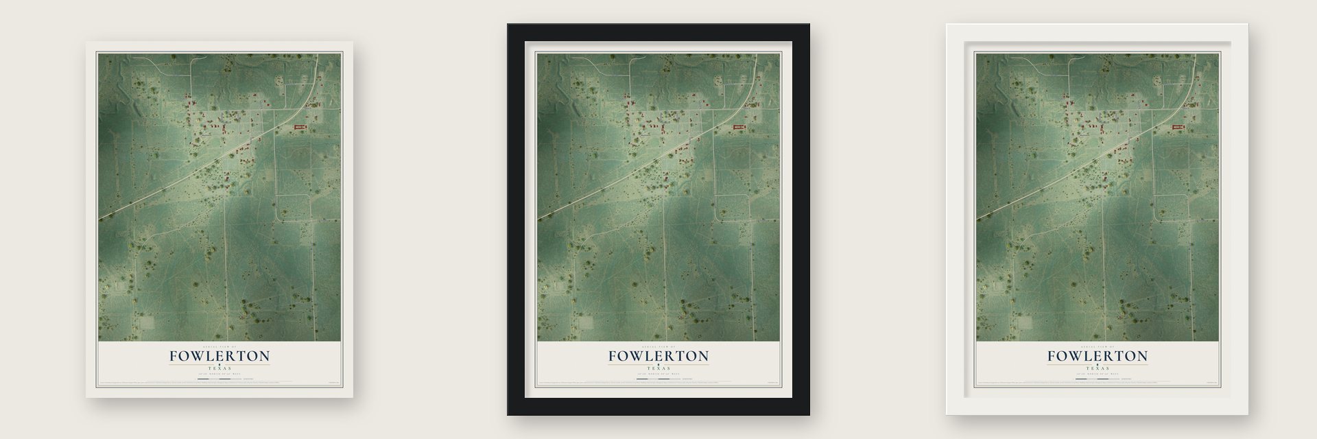 Fowlerton, Texas map unframed, in a black wood frame and in a white wood frame