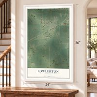Fowlerton, Texas map, 24 x 36 inch print in a white frame by a staircase